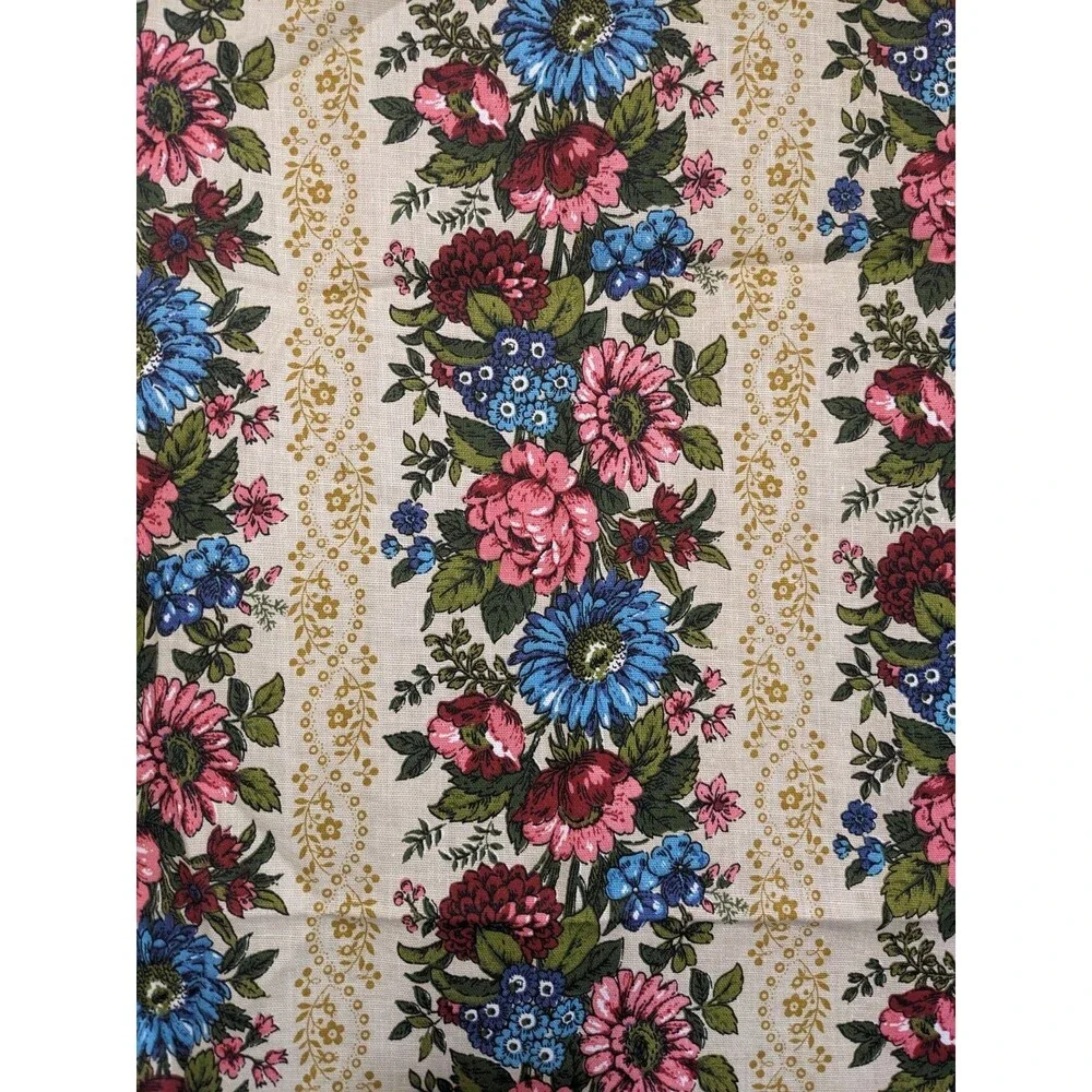 Vintage Mid-Century Floral Stripe Fabric Remnant 46